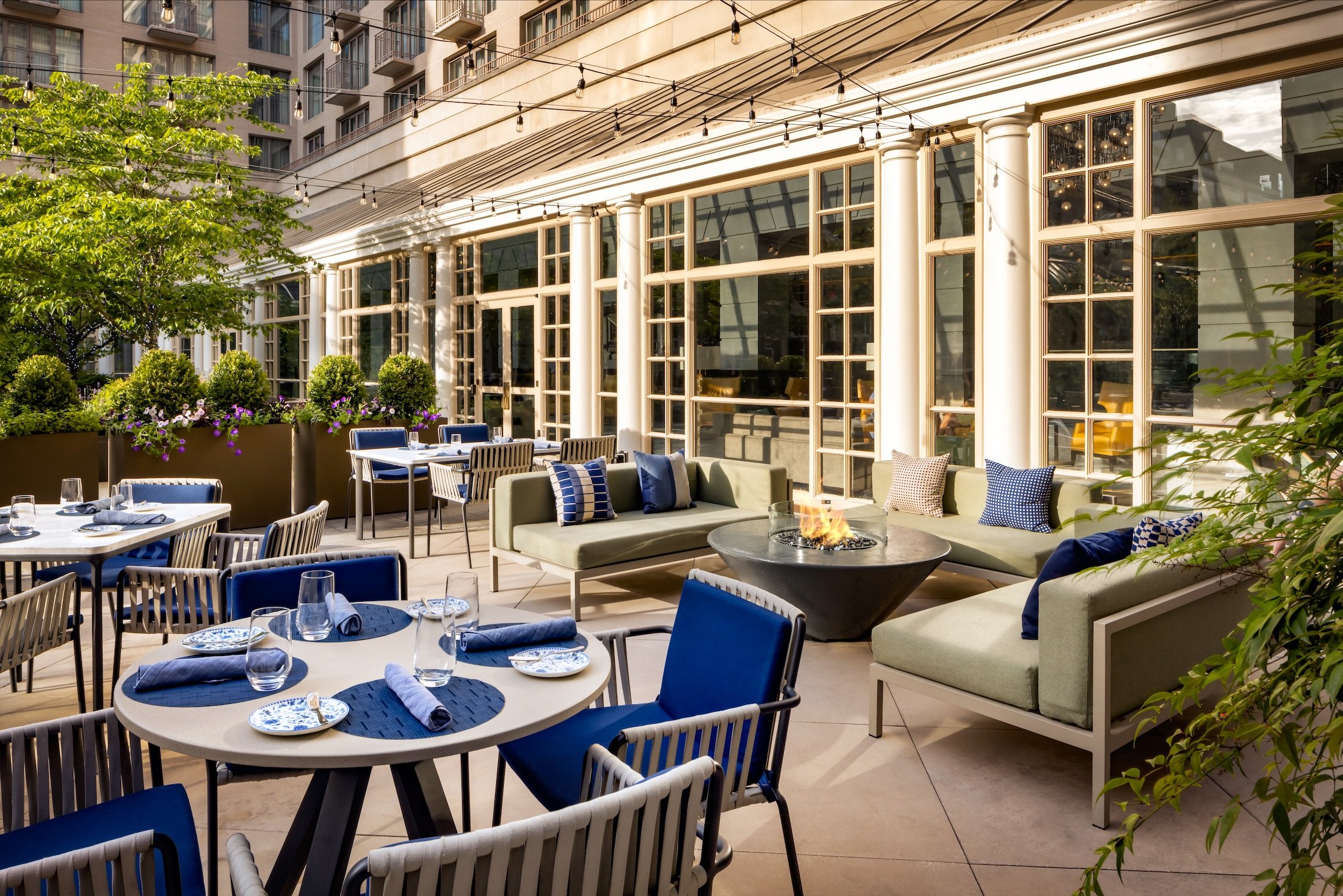 An outdoor patio and dining area.