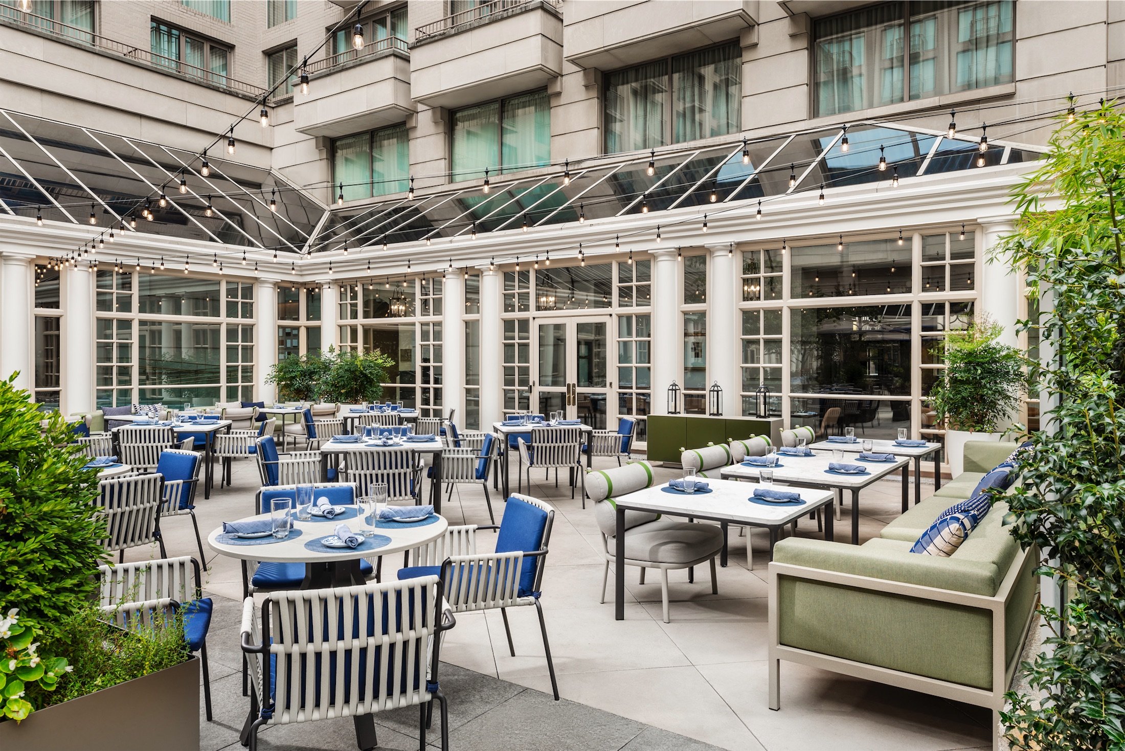 outdoor seating area with cushioned seating