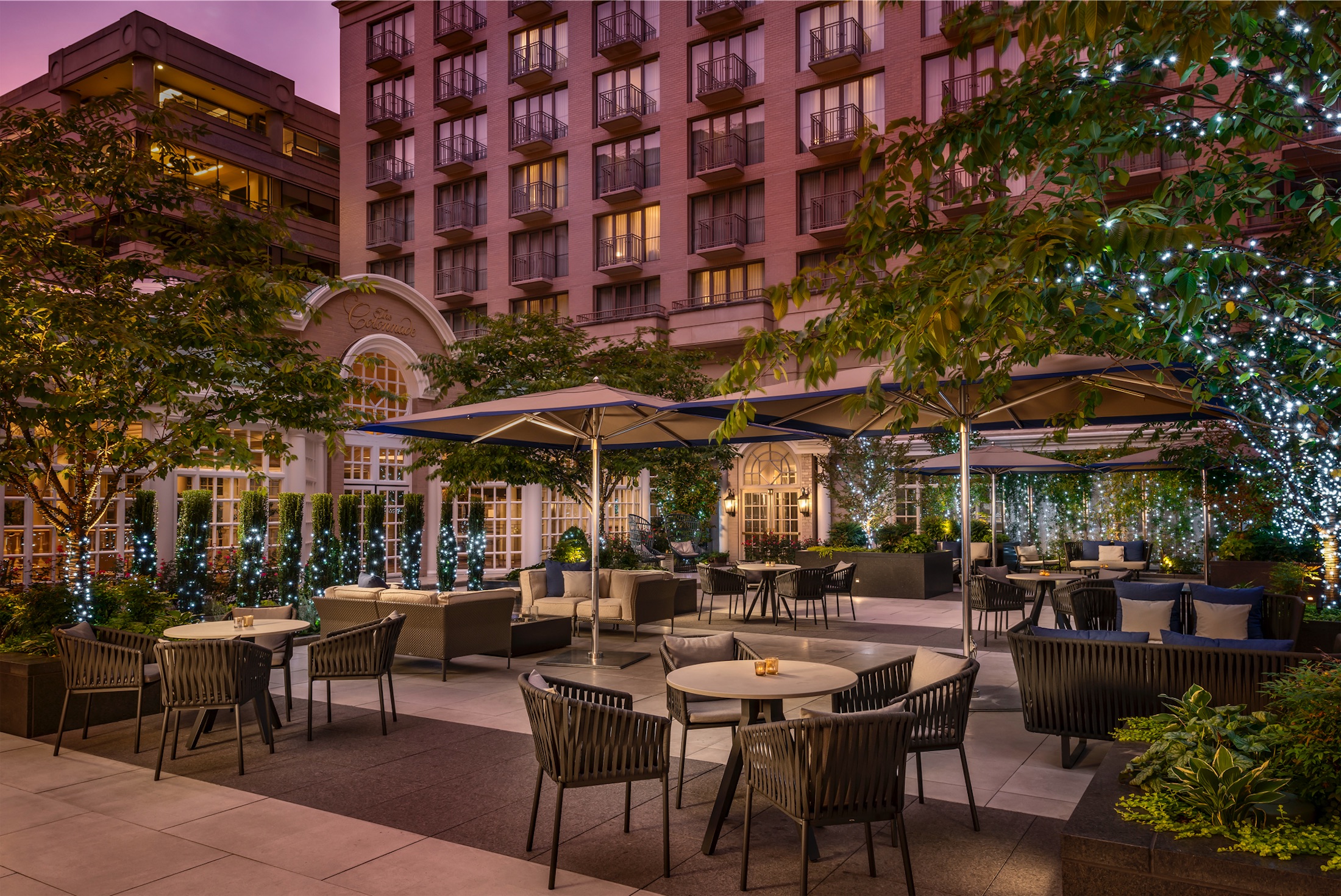 outside dining area with large trees