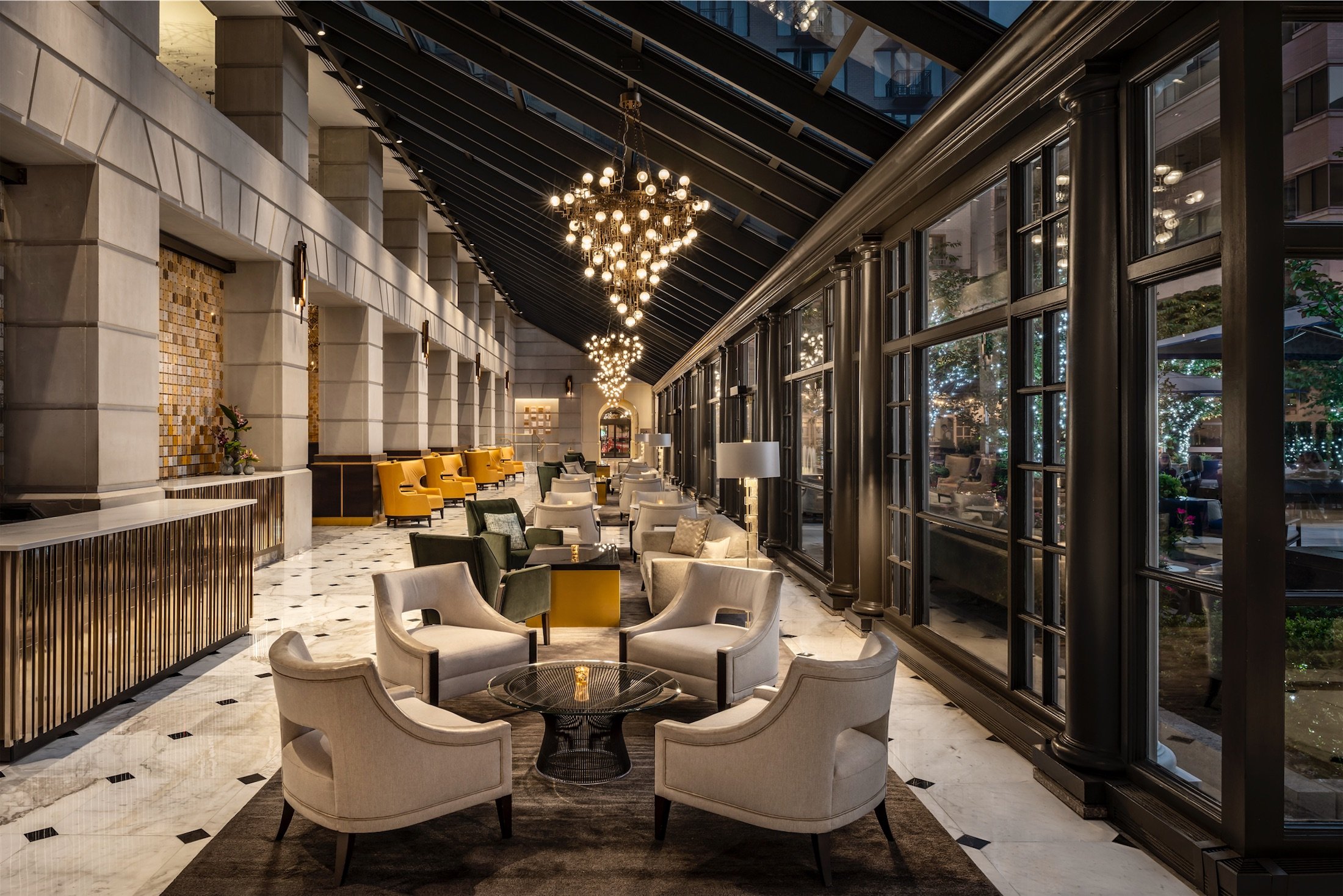 The opulent lobby lounge and courtyard at Fairmont Washington, D.C. Hotel.
